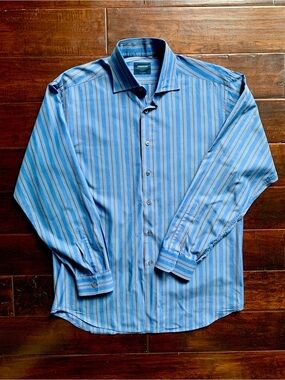 Lorenzini Made in Italy Blue Striped Luxury Dress Shirt Men’s L